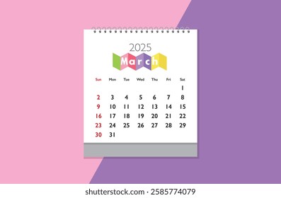 March 2025 Calendar on light pink and purple background. Date month of March 2025. Page of annual monthly calendar March 2025.