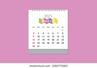 March 2025 Calendar on light pink background. Date month of March 2025. Page of annual monthly calendar March 2025.