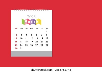 March 2025 Calendar on red background. Date month of March 2025. Page of annual monthly calendar March 2025.