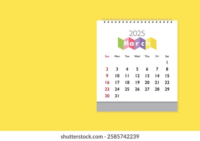 March 2025 Calendar on yellow background. Date month of March 2025. Page of annual monthly calendar March 2025.