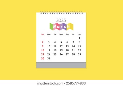 March 2025 Calendar on yellow background. Date month of March 2025. Page of annual monthly calendar March 2025.
