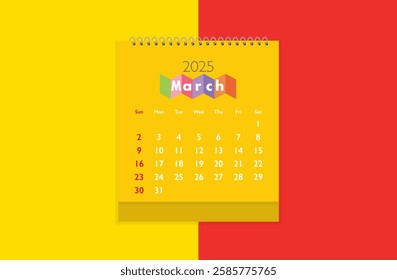 March 2025 Calendar on yellow and red background. Date month of March 2025. Page of annual monthly calendar March 2025.