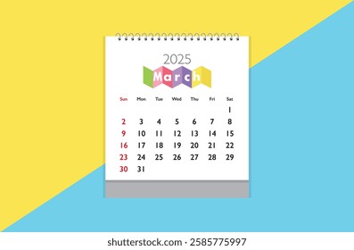 March 2025 Calendar on yellow and sky blue background. Date month of March 2025. Page of annual monthly calendar March 2025.
