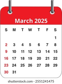 March 2025 calendar page isolated on a white background 