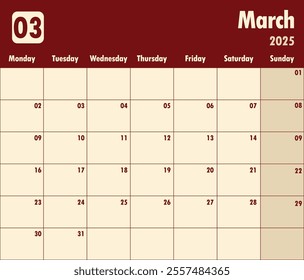 March 2025 calendar.  A simple monthly planner vector design