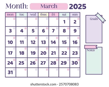 March 2025 Calendar template with goals and note card added, soft color pink, blue soft and navy outline. cute for teenagers and the general public
