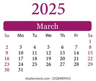 Ilustración vectorial del calendario de marzo de 2025. Calendario marzo 2025. Planificador de diseño de Vector. Calendario colorido Marzo 2025. Planificador diario