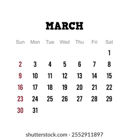 Março 2025 vetor calendário, design simples