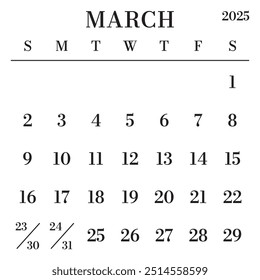 March 2025 Calendar. Week starts on Sunday. Large Number and Letter Calendar Template. Fits Square Size Page. Stationery Design.