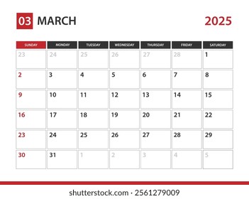 March 2025 Calendar , Week starts on Sunday 