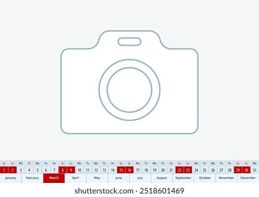 March 2025 for desk calendar, one line vector template calendar in English.
