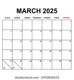 march 2025 with holydays or red dates. monthly calendar design with week starts on sunday. printable, simple, and clean vector design isolated on white background.