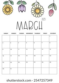 March 2025 Kids Calendar with Cute Floral Design