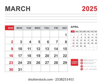 March 2025 layout, Calendar 2025 template, Printable minimalist monthly planner, Desk Calendar 2025 template, Wall calendar design, Week Start On Sunday, Stationery, printing, red color, vector
