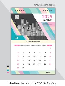 March 2025 layout, Wall calendar 2025 template pastel creative backgrounds, Desk calendar 2025 design, poster, planner, Calendar date, Week starts on Sunday, Stationery, vertical page, vector