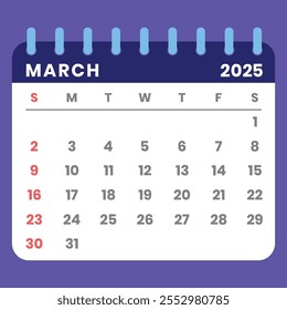 Março 2025 calendário estilo carta com uma semana começando no domingo. Ideal para gerenciamento de tempo, planejamento e programação. Conceito de design plano com um layout mensal destacável. Ilustração vetorial.