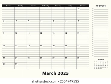 March 2025 Monthly Business Desk Pad Calendar. March 2025 calendar planner with to-do list and place for notes in black and white design.