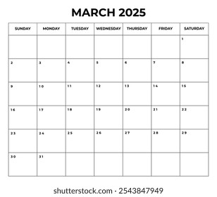 Marzo 2025 Diseño de calendario mensual con notas y la semana comienza desde el domingo