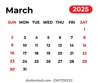 Marzo 2025 Diseño de calendario mensual con aspecto limpio y la semana comienza desde el domingo