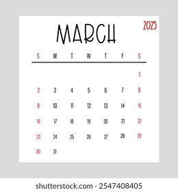 march 2025 Monthly Calendar design week starts from sunday