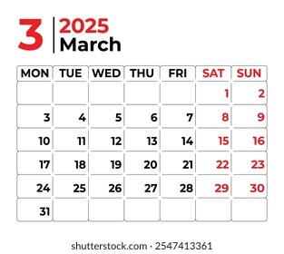 March 2025 Monthly Calendar design with clean look and week starts from monday