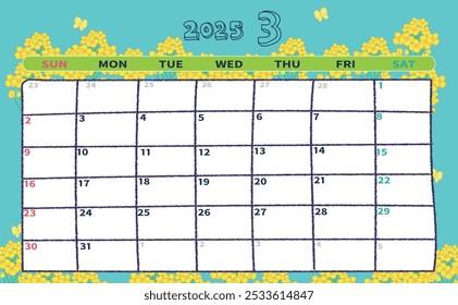 March 2025 monthly calendar vector illustration