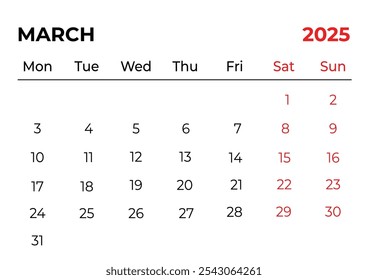 marzo de 2025 Diseño mensual de calendario de oficina con aspecto limpio y la semana comienza desde el domingo