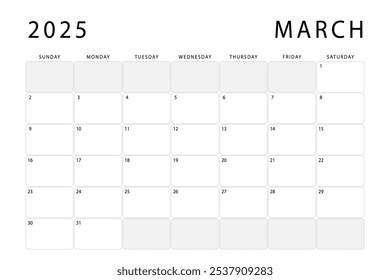 March 2025 monthly planner. Calendar template. Sunday start. Vector design