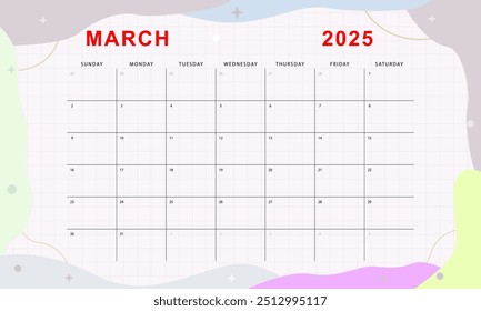 March 2025 monthly planner. Cute calendar template. Sunday start. Vector design