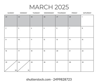 Calendario de oficina de marzo de 2025, Plantilla de calendario en blanco, Planificador mensual de oficina en el hogar, Calendario de tamaño de carta