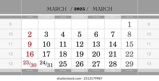 vierteljährlicher Kalenderblock März 2025. Wandkalender auf Englisch, Woche beginnt am Sonntag. Vektorgrafik.