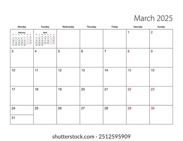 March 2025 simple calendar planner, week starts from Monday. Vector calendar planner.