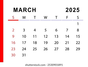 March 2025 simple calendar. Sunday start. Vector design