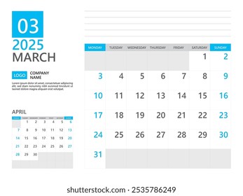 March 2025 template, Calendar planner 2025, week start on Monday, Desk calendar 2025 year, simple planner and clean design, Wall calendar design, Corporate planner template, Business template