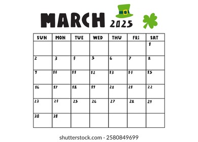 March 2025. Template calendar. Planner design. Illustration on white background.