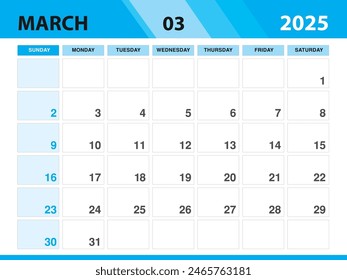 March 2025 template, Calendar 2025 template vector, planner monthly design, Desk calendar 2025, Wall calendar design, Minimal style, advertisement, poster, printing media, green background concept