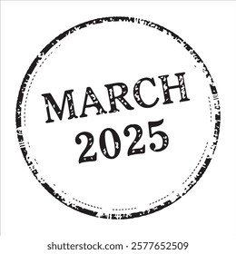 "MARCH 2025" text stamp print. white background black drawing