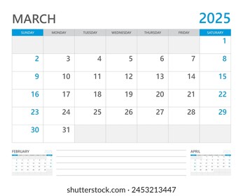 March 2025 year, Calendar planner 2025 and Set of 12 Months, week start on Sunday. Desk calendar 2025 design, simple and clean design, Wall calendar, Corporate design planner template vector