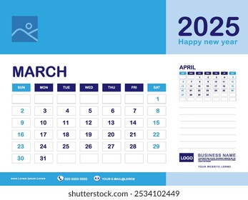 Marzo 2025 año, Calendario planificador 2025 y Conjunto de 12 Meses, semana de inicio el domingo. Diseño de calendario de escritorio 2025, simple, calendario de pared, Vector de Plantilla de planificador de diseño Corporativa, fondo azul
