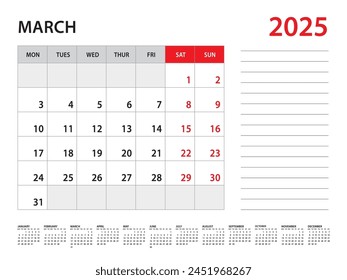 March 2025 year - Calendar 2025 template vector, week start on monday, Desk calendar 2025 year, Wall calendar design, corporate planner template, Stationery, organizer diary, vector