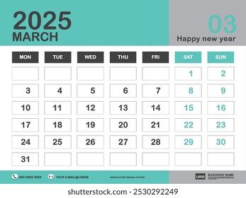 March 2025 year, Calendar 2025 template, week start on monday, Desk calendar 2024 design, simple, Wall calendar, Corporate design planner template vector, printing media, Green background
