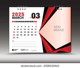 March 2025 year, Desk calendar 2025 template, Printable, Planner, Wall calendar design, Week starts on Sunday, Stationery design, Printing media, advertisement, calendar design vector illustration