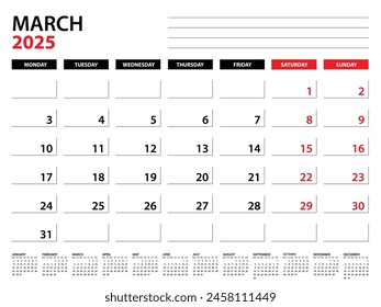 Plantilla del planificador anual de marzo de 2025, Plantilla del calendario 2025, planificadores mensuales y anuales. diario del organizador. inicio de la semana lunes, Plantilla del planificador corporativo, calendario del escritorio 2025, Ilustración vectorial