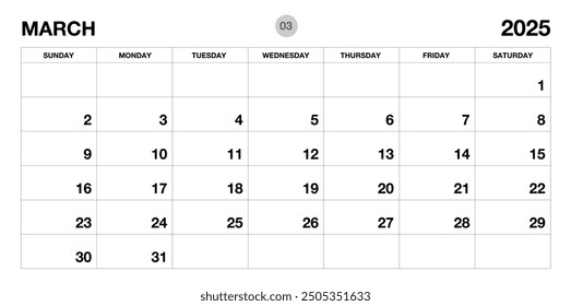 Plantilla del planificador de año de marzo de 2025, Plantilla del calendario de 2025, planificadores mensuales y anuales. diario del organizador. inicio de semana domingo, Plantilla del planificador corporativo, calendario de escritorio 2025, diseño Horizontal