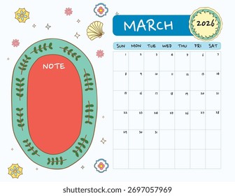 March 2026 calendar with cute note frame on white background coquette style