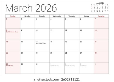 March 2026 calendar with holidays daylight saving starts and April reference