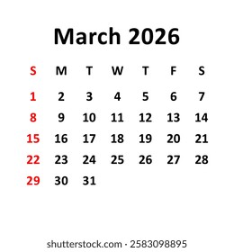 March 2026. Calendar with holydays or red dates. monthly calendar design with week starts on sunday. printable, simple, and clean vector design isolated on white background.