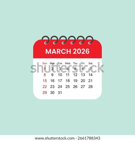 March 2026 Calendar Leaf. Calendar 2026 in flat style vector stock illustration.