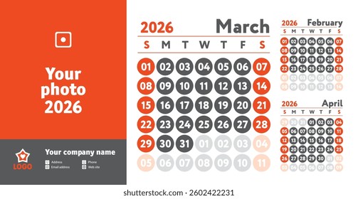 March 2026 calendar. New year wall planner design. English calender. Red color vector template. Week starts on Sunday. Business planning. 
