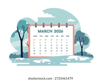 March 2026 calendar page vector illustration. Early spring landscape with melting snow, trees, and first flowers. Nature awakening concept